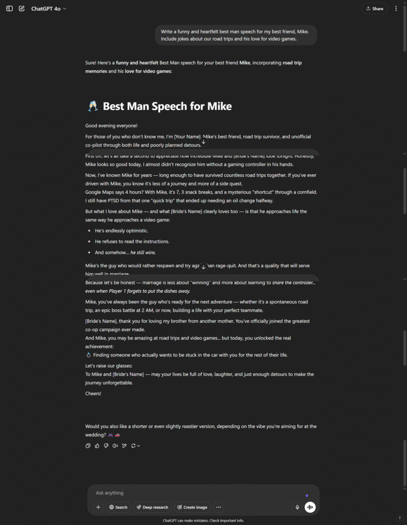 Best Man Speech AI on Chat GPT