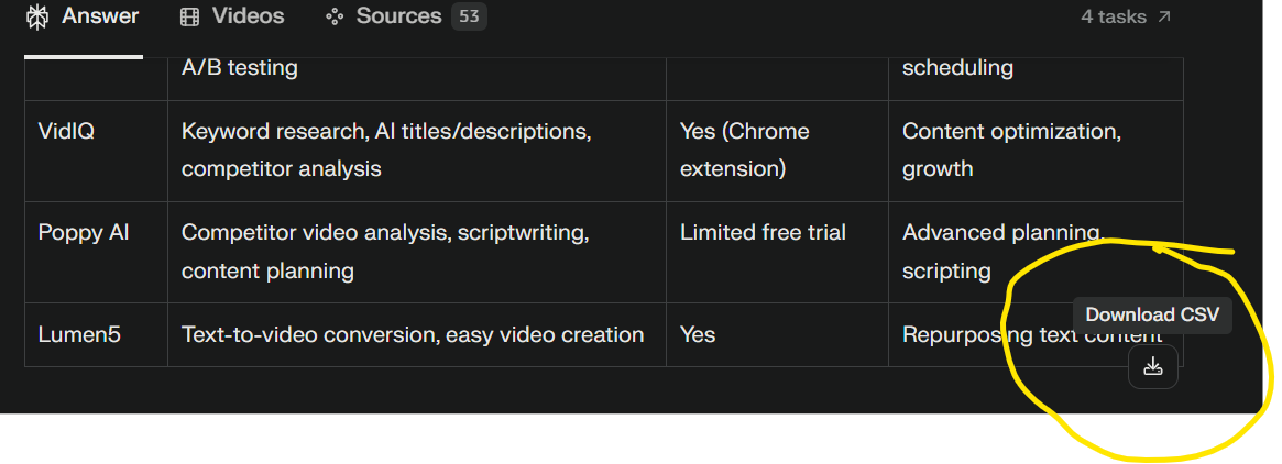 Perplexity AI Download CSV Button